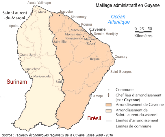 Guyane française: carte des communes (municipalités)