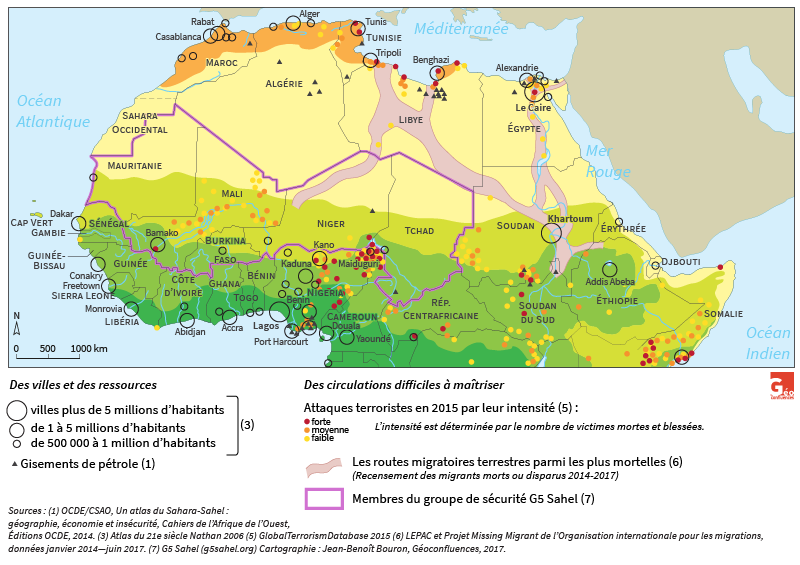 Carte de Jean-Benoît Bouron — Sahara Sahel insécurité attentats routes migratoires terrestres