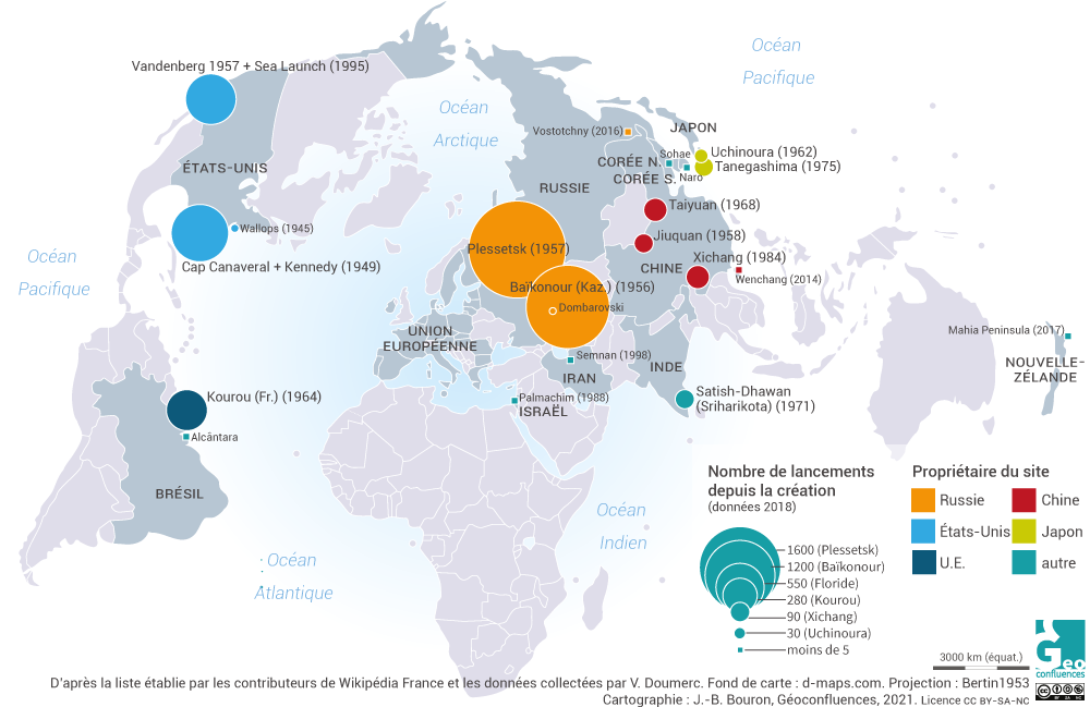 Carte du monde des sites de lancement spatial nombre de lancements depuis l'origine par pays