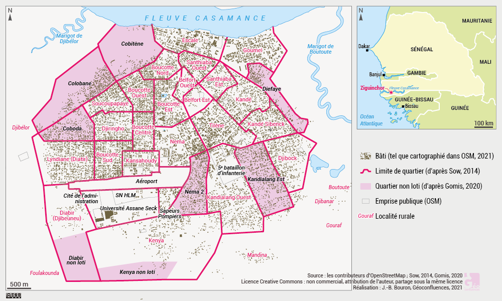 Ziguinchor carte bâti lotissement habitat informel quartiers