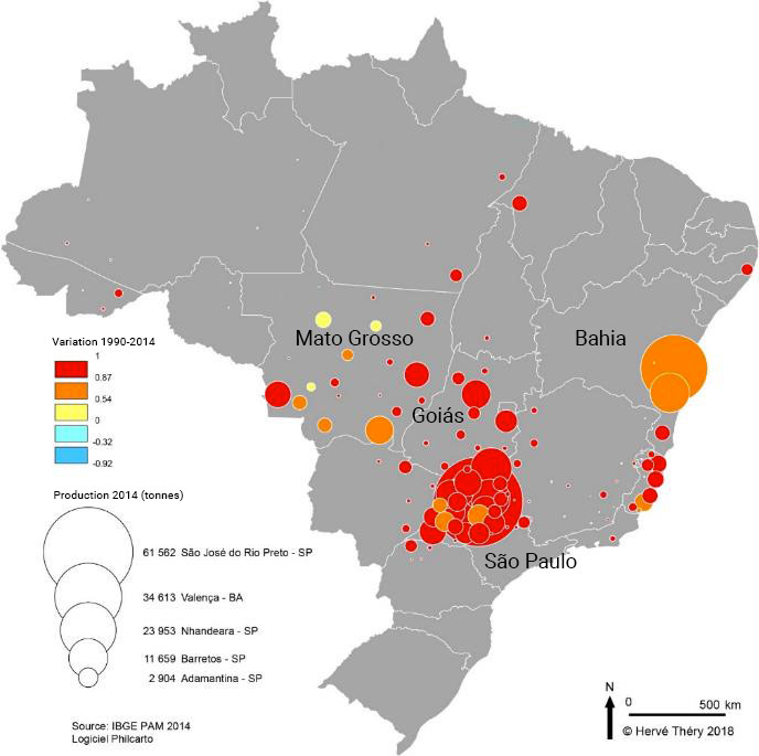 Hervé Théry — CARTE évolution de la production de latex d'hévéa par Etat du Brésil