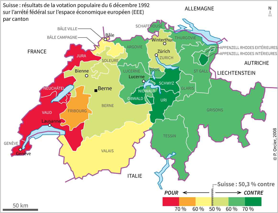 carte des résultats du référendum en Suisse 1992