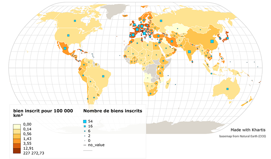 JB Bouron — Nombre de biens classés UNESCO par km² planisphère