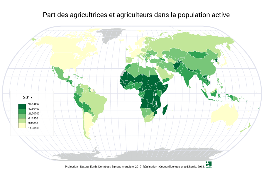 Part des agricultrices et agriculteurs dans la population active dans le monde par état