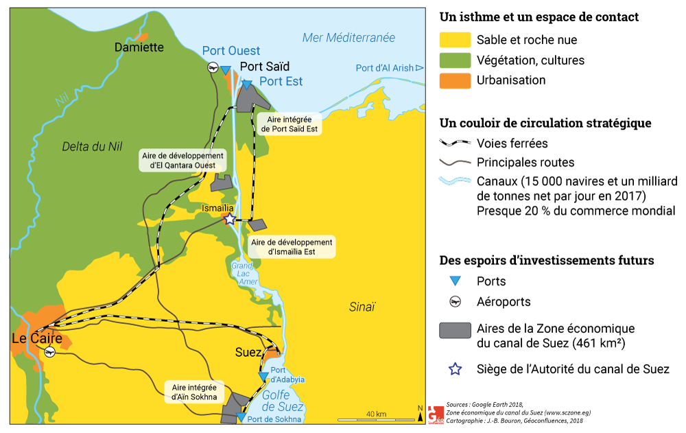 Carte croquis Canal de Suez : zone franche et infrastructures