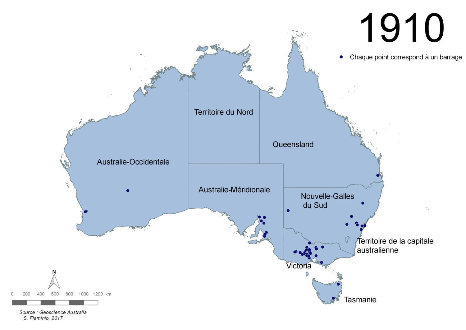 gif animée représentant la construction des barrages 1910 à 2012 en Australie