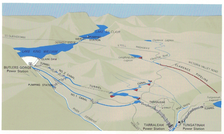 Le réseau de tunnels et de canaux qui viennent alimenter la centrale hydro-électrique de Tarraleah
