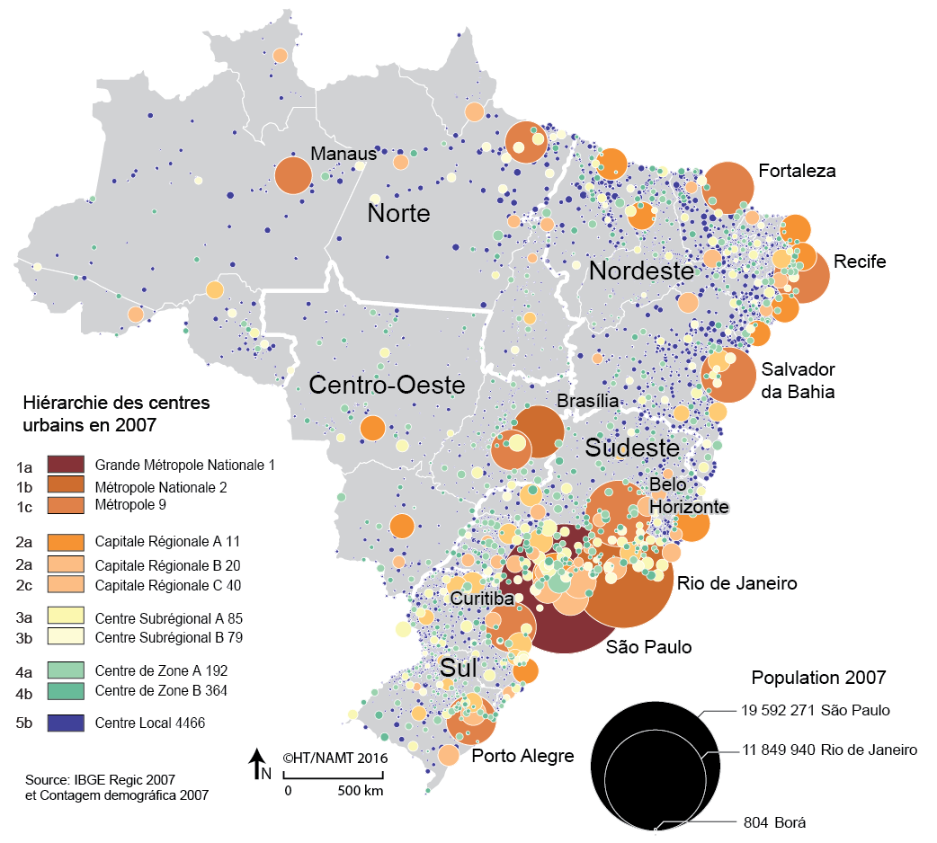 Carte des villes et hiérarchies urbaines au Brésil