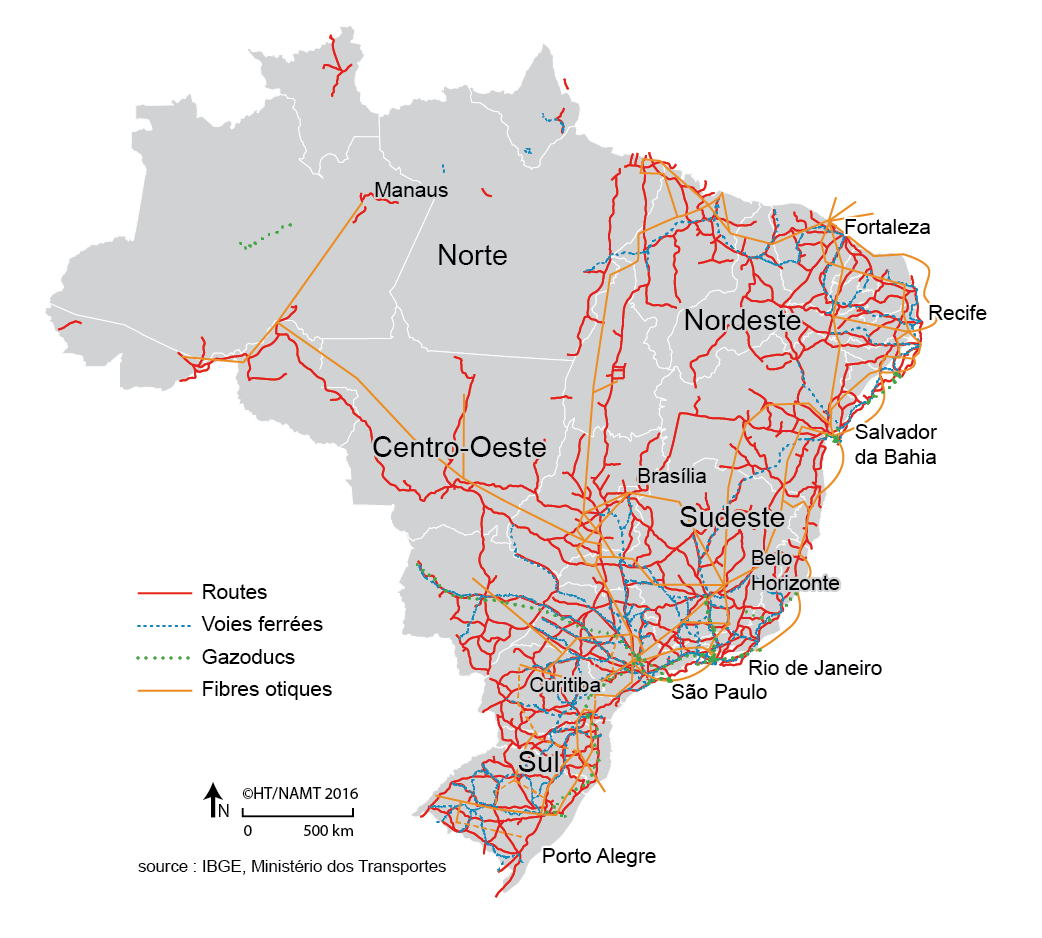 carte des réseaux de transport routes gazoducs voies ferrées au Brésil
