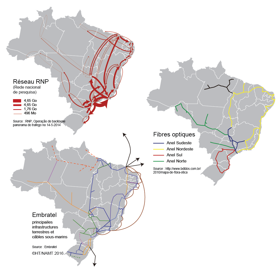 carte des réseaux de télécommunications et fibre optique au Brésil