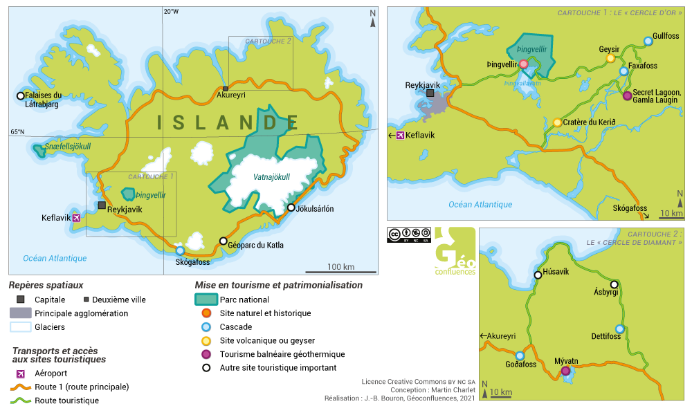 Carte islande tourisme géotermie cercle d'or cercle de diamant island map
