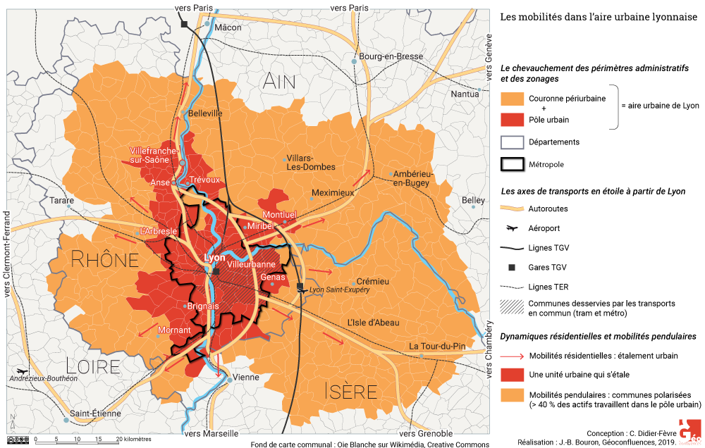 Atlas de Lyon — carte aire urbaine, villes centre, métropole de lyon, périurbain