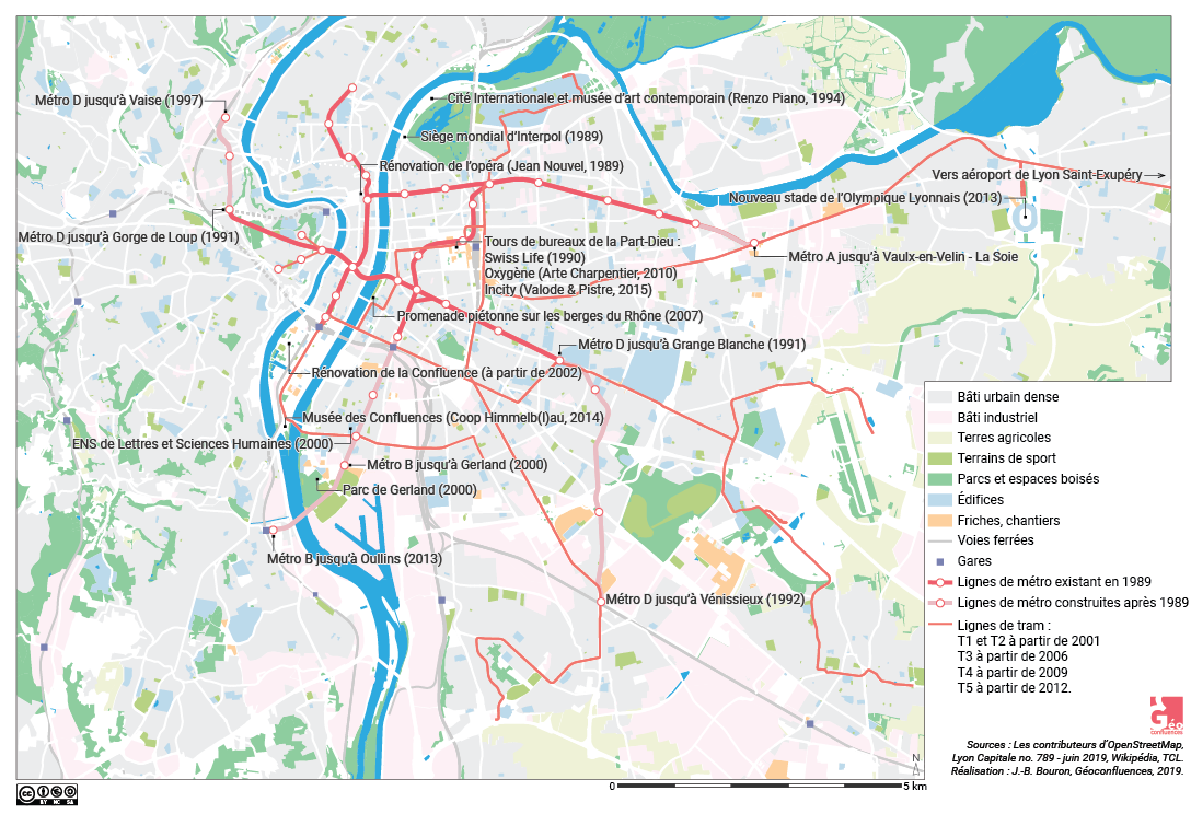 Atlas de Lyon — carte métropolisation, tours, aménagements 1989-2019