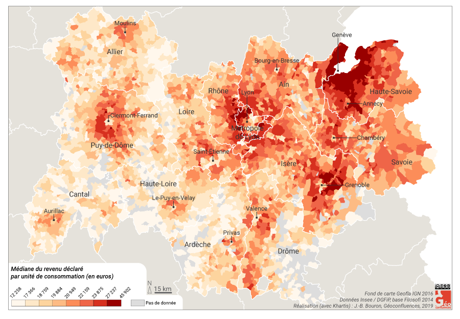 Atlas de Lyon — écarts de revenus auvergne rhône alpes par commune carte