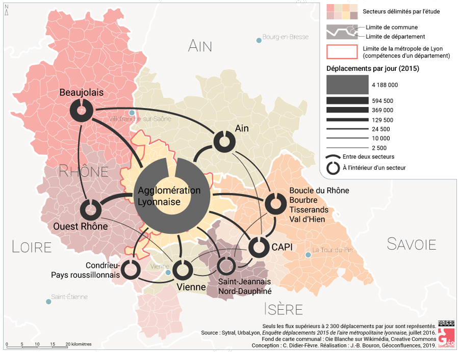 Atlas de Lyon — carte aire urbaine, métropole de lyon, périurbain, mobilités, déplacements domicile travail