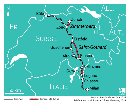 Carte localisation tunnel du Zimmerberg, Saint-Gotthard, Ceneri