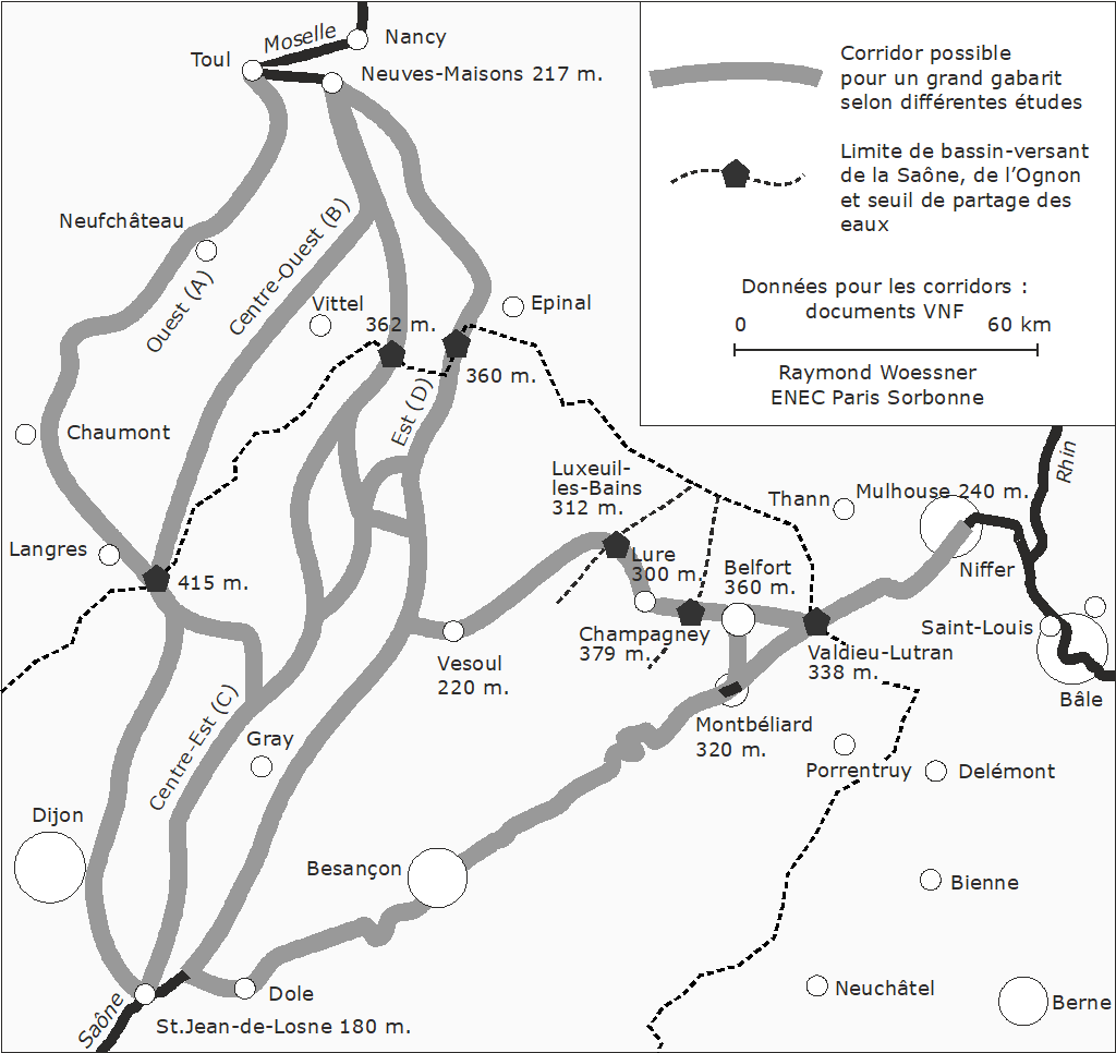 Raymond Woessner — Carte trajets alternatifs canal Rhin Rhône