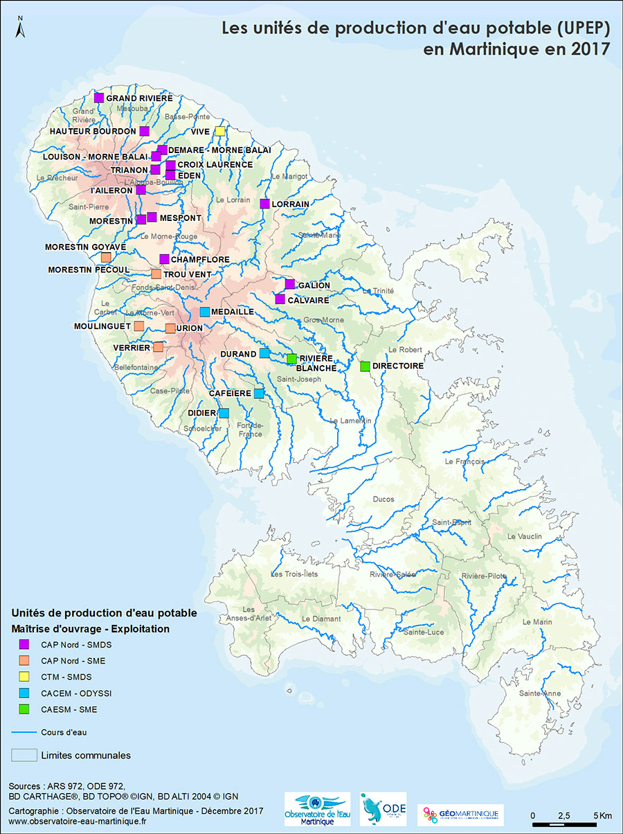 Carte usines de production d'eau potable en Martinique