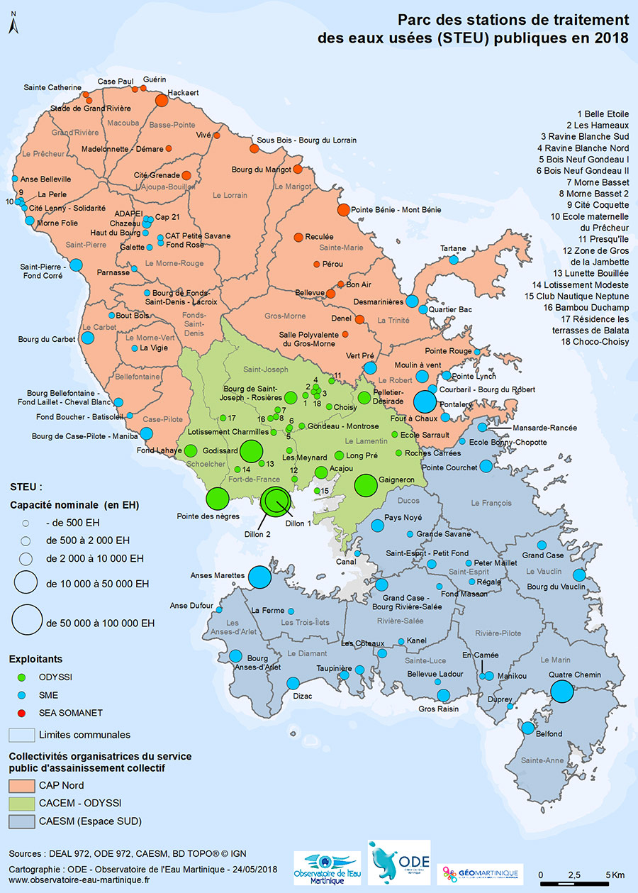 Carte des stations de traitement des eaux usées publiques (STEU) Martinique