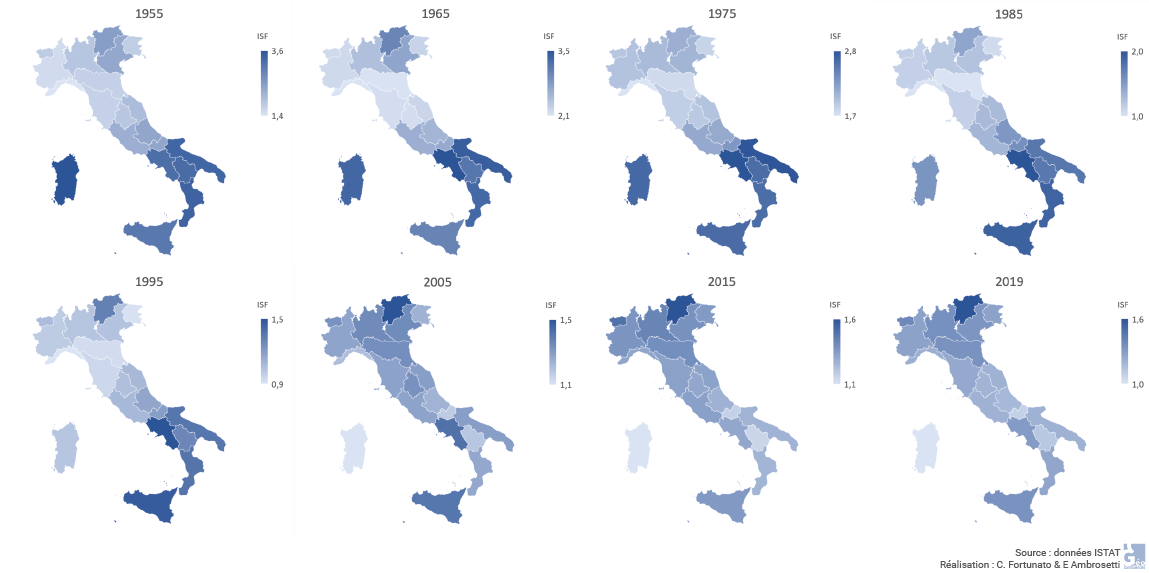 Fortunato e Ambrosetti ISTAT — évolution de l'indice synthétique de fécondité 1955-2019 cartes