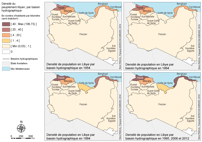 François Moriconi Ebrard et Rémi Pascal — Carte densité de population par bassin hydrographique Libye évolution 1954 2012