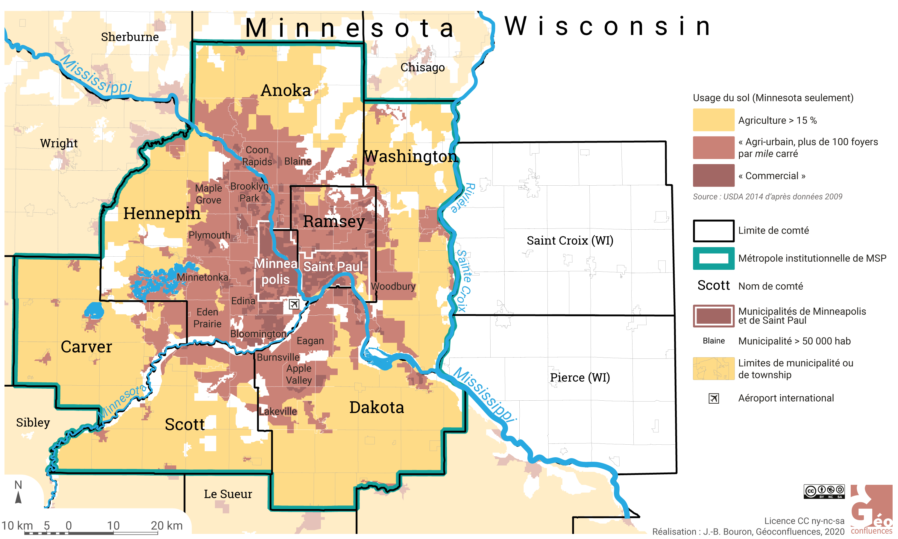 Des espaces urbains, périurbains et ruraux dans le périmètre de la métropole institutionnelle Minneapolis Saint Paul (haute définition) (États-Unis)