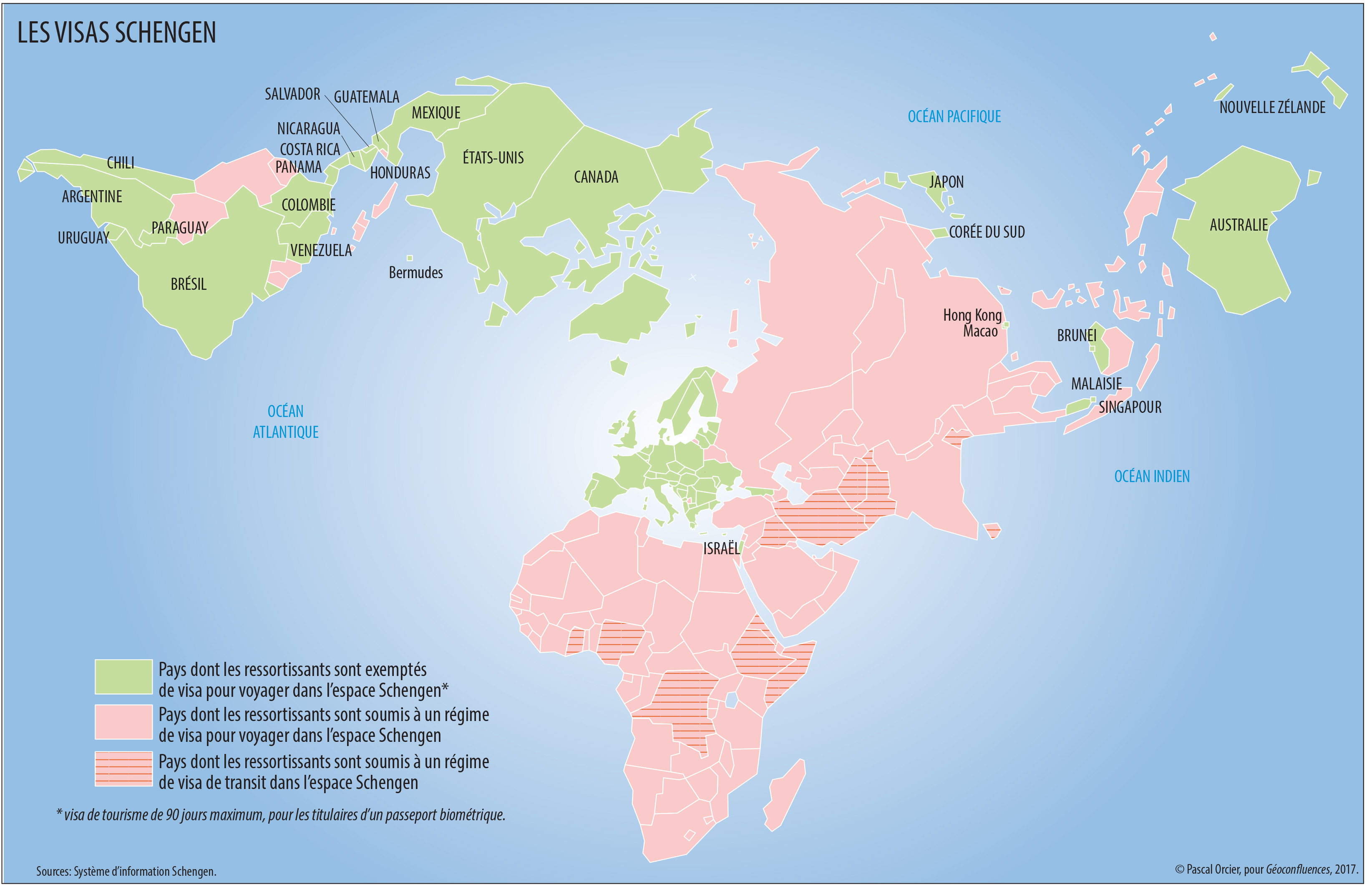 Carte des pays à visas schengen Union européenne monde