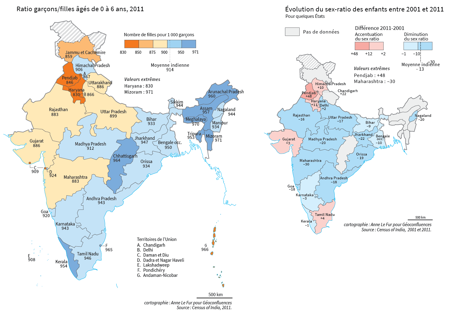 carte du nombre de garçons par rapport aux nombre de filles en Inde