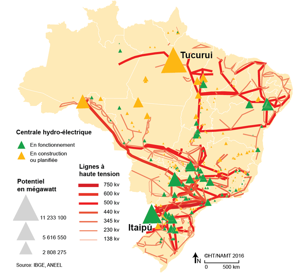 carte du réseau électrique et barrages au Brésil