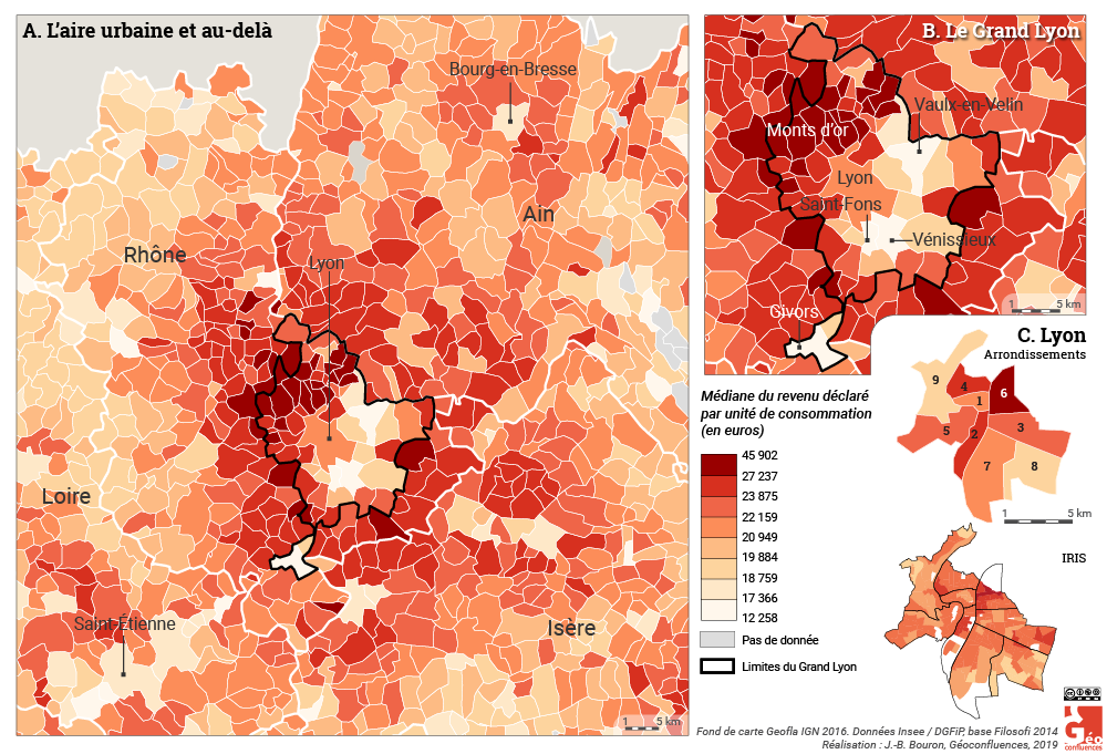 Atlas de Lyon — carte revenus par commune lyon aire urbaine métropole grand lyon arrondissements