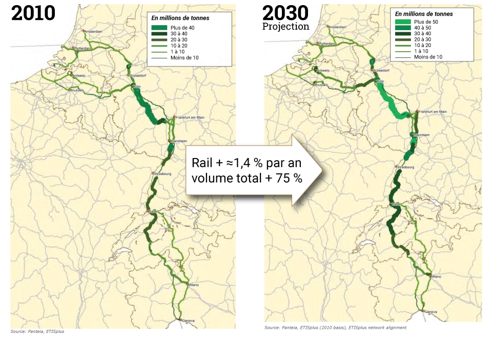Trafic ferroviaire Rhin Alpes 2010 2030 Carte