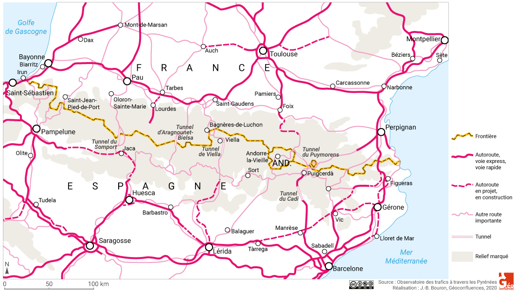 carte aurotoutes et routes franchissant les Pyrénées
