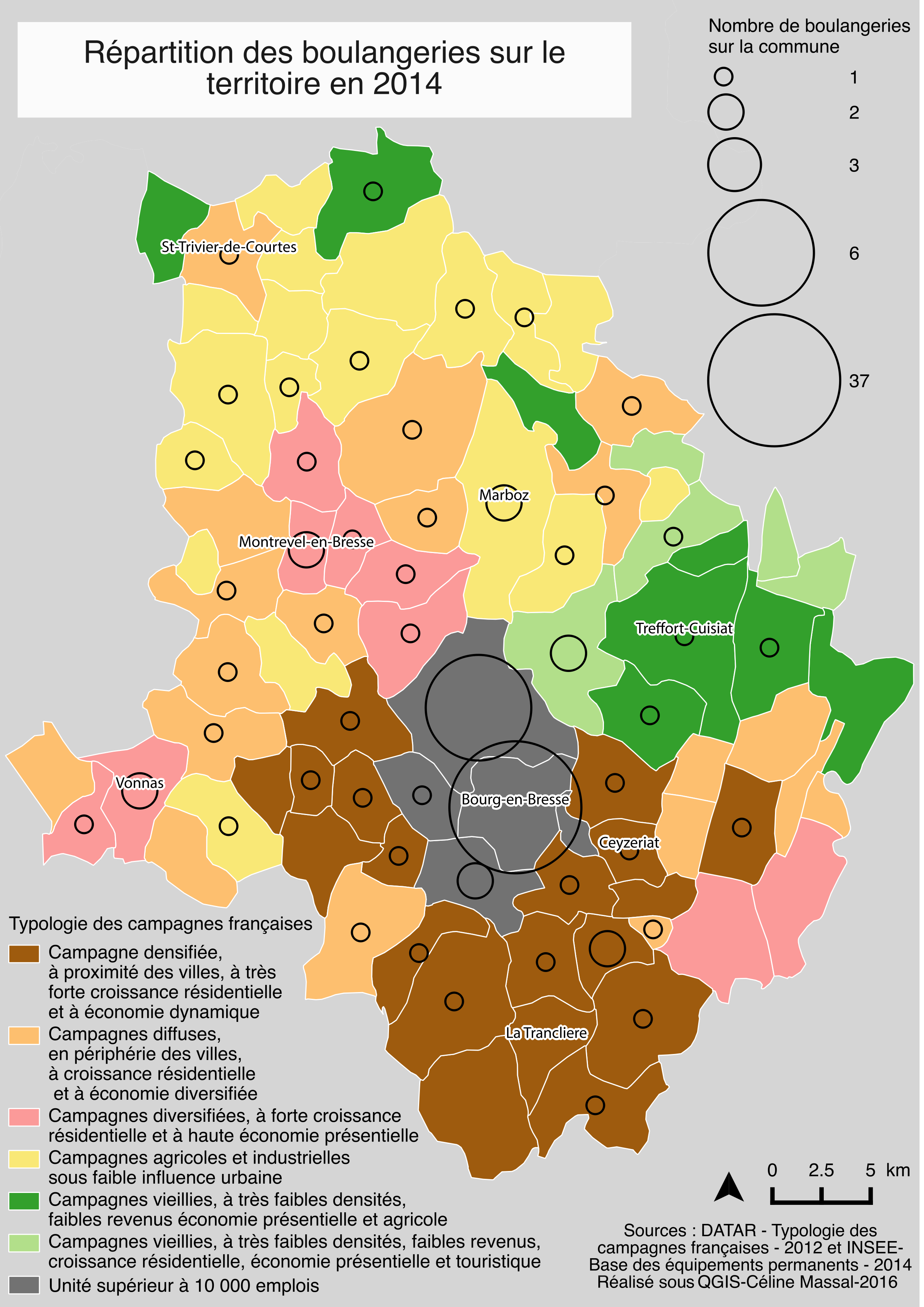 Répartition des boulangeries sur le territoire bressan en 2014 (haute définition)