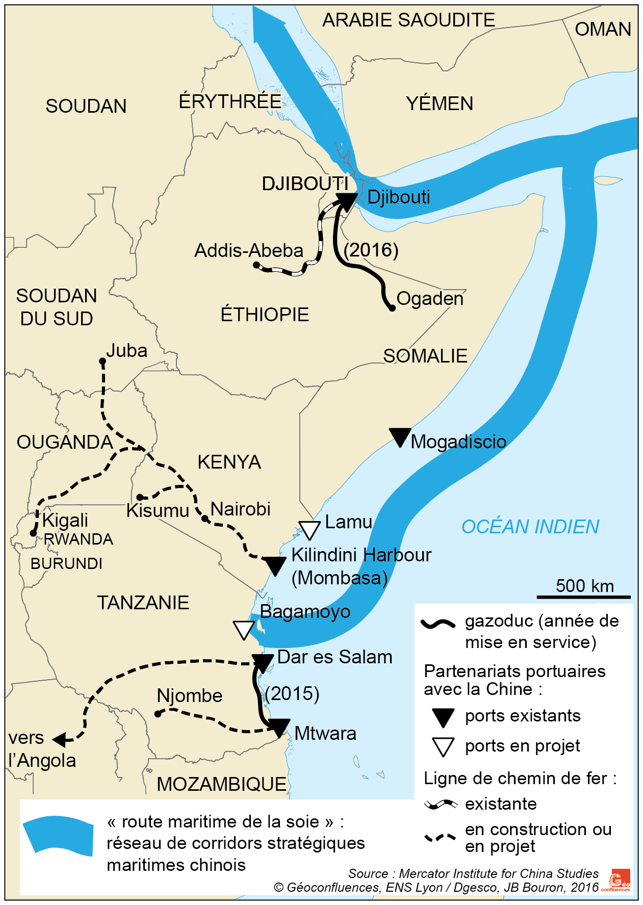 Carte de l'Afrique orientale ports et voie maritime de la Soie