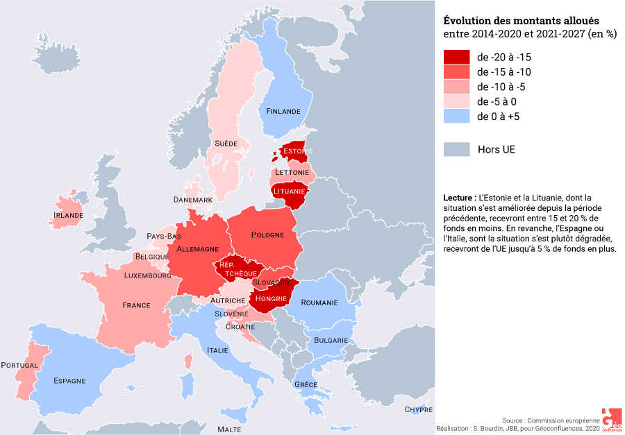 Carte politique de cohésion 2021-2027 par rapport à la période précédente