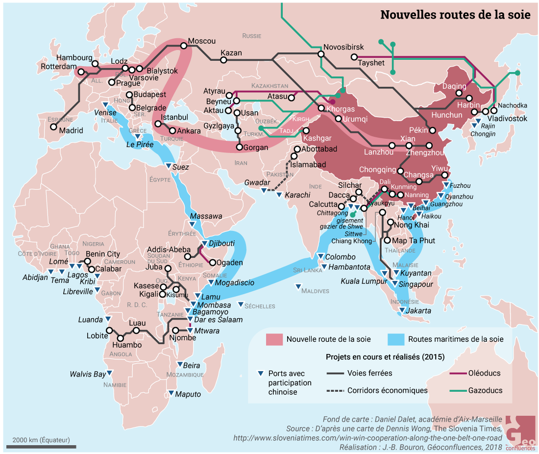 nouvelle route de la soie et routes maritimes de la soie OBOR carte