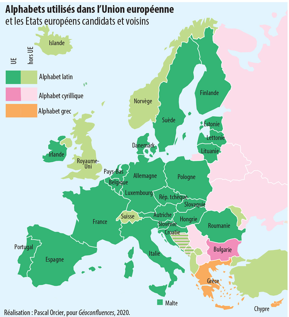 Pascal Orcier — Carte des alphabets utilisés en Europe : cyrillique, grec et latin
