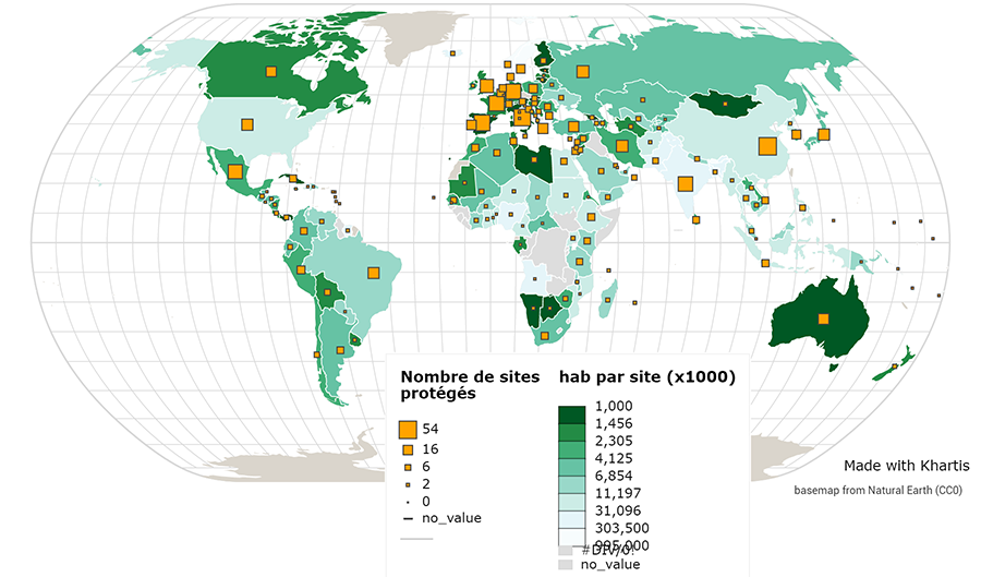 JB Bouron — Nombre d'habitants par bien classé UNESCO planisphère