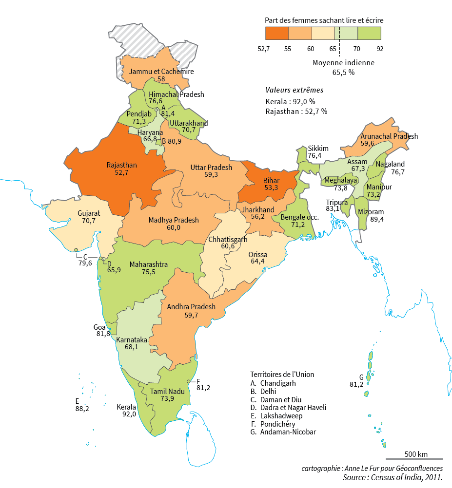 carte taux d'alphabetisation des femmes en Inde par Etat