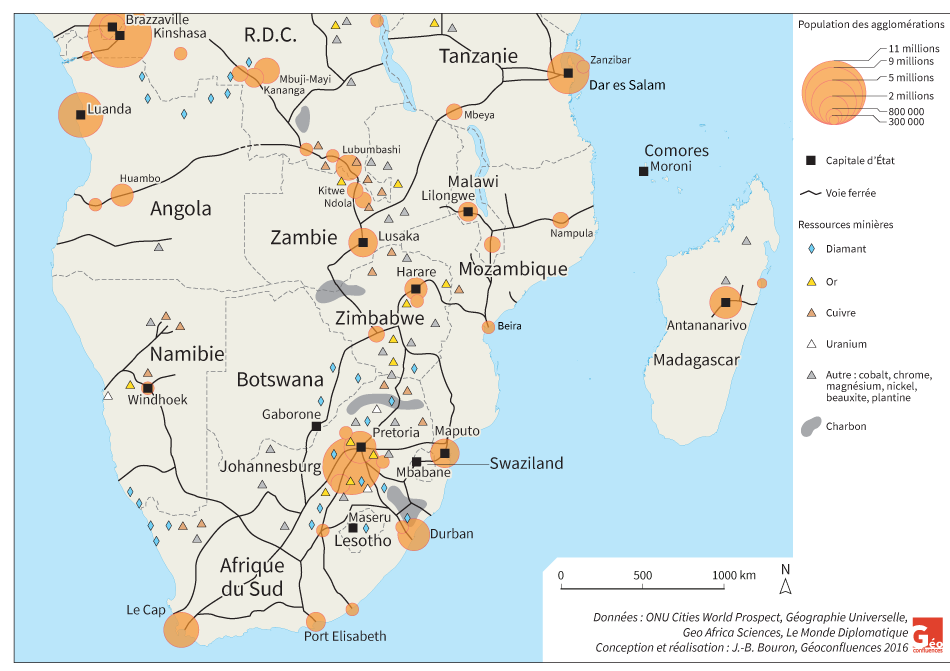 Carte Afrique australe, mines, voies ferrées, agglomérations urbaines