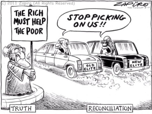Caricature de Zapiro mettant en scène Desmond Tutu face aux contradictions de l’Afrique du Sud post-apartheid