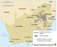 Carte des mines de charbon en activité et mines fermées, Afrique du Sud