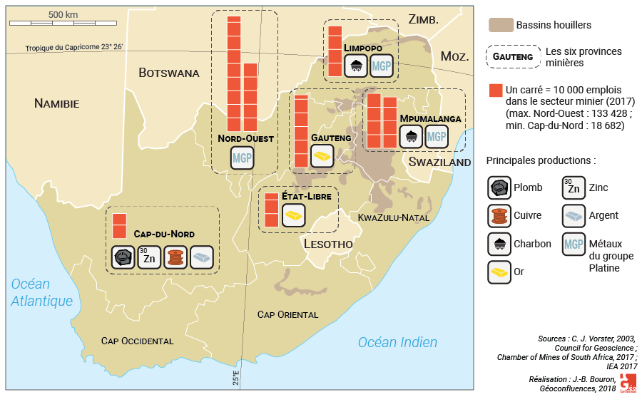 Carte : principales provinces minières en Afrique du Sud