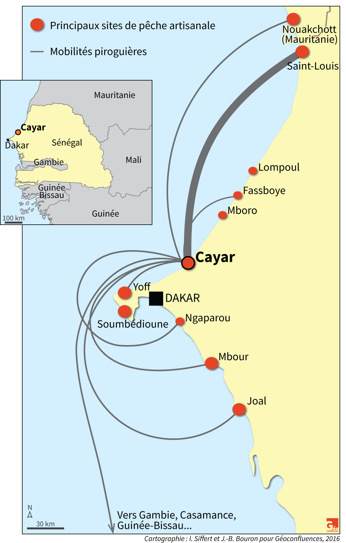 carte sénégal Cayar mobilités piroguières sites de pêche