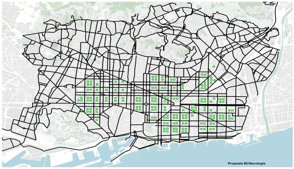 Carte des 503 super-îlots (superilles / superblocks) proposés par Salvador Rueda (2015)