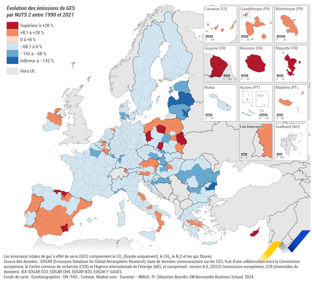 Évolution des émissions de gaz à effet de serre (éq. CO2) par NUTS 2 dans l'Union europenne (UE) entre 1990 et 2021