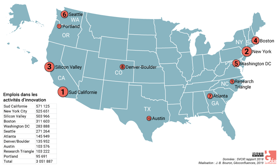 Carte métropoles innovantes états-unis Boston MIT Seattle Research Triangle...