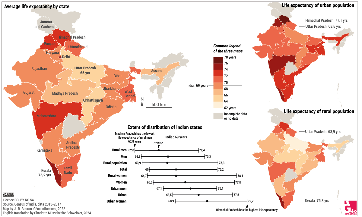 Map of Life expectancy in India by state, rural and urban