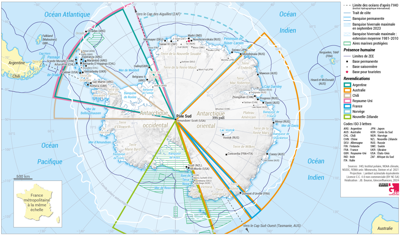 L’Antarctique, revendications territoriales et installations humaines 