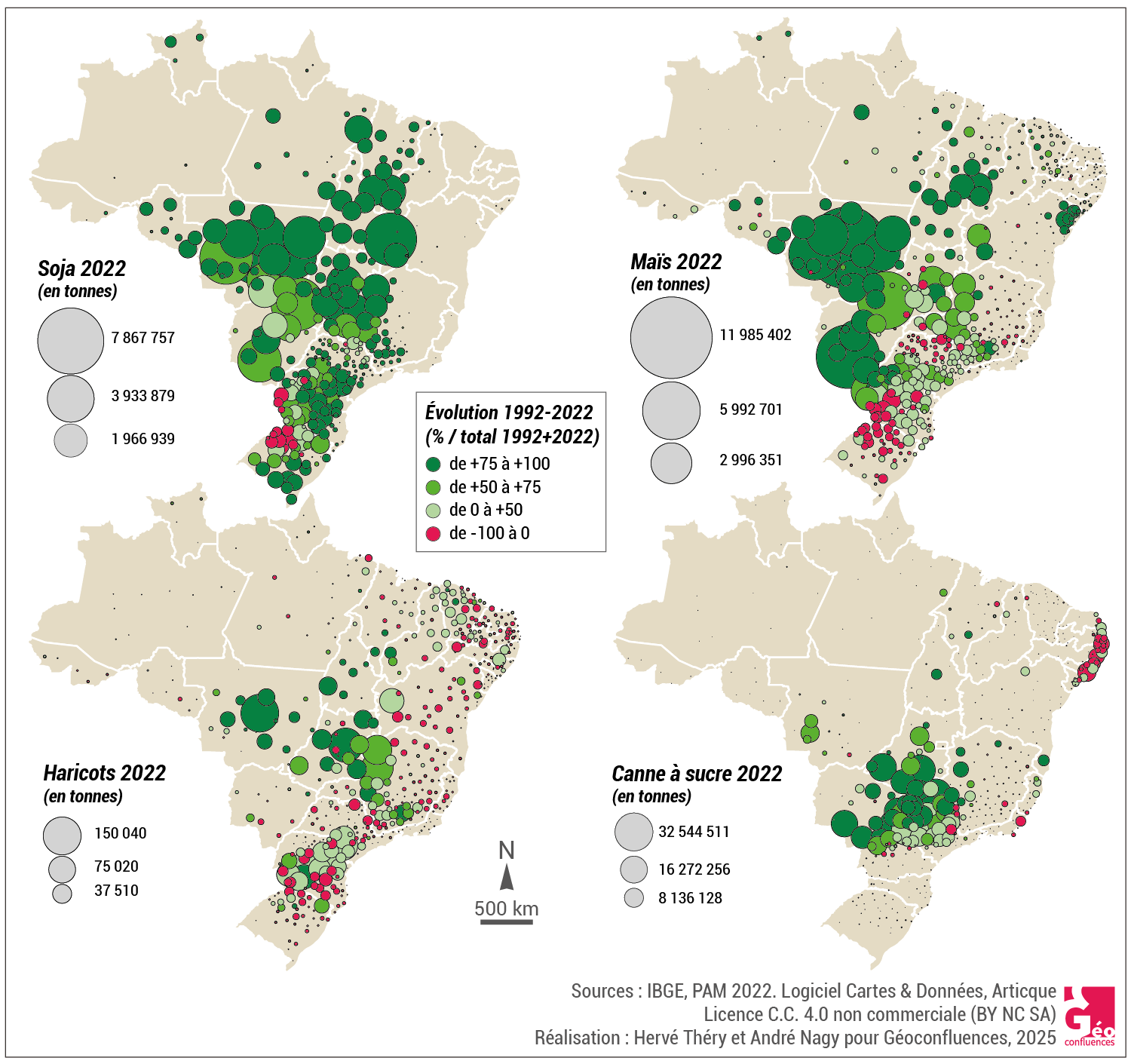 Forte croissance et relocalisation des cultures commerciales au Brésil, 1992– 2022 (soja, maïs, haricots, canne à sucre)